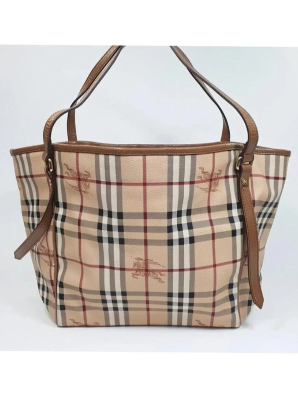Authentic Burberry Haymarket Check Tote Bag Leather With Matching Zip Pouch